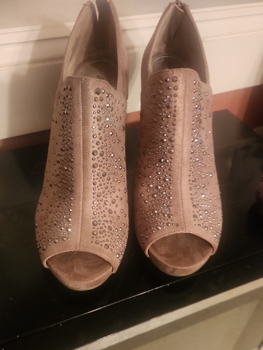 Jennifer Lopez Taupe Suede Peep-Toe Studded Mules